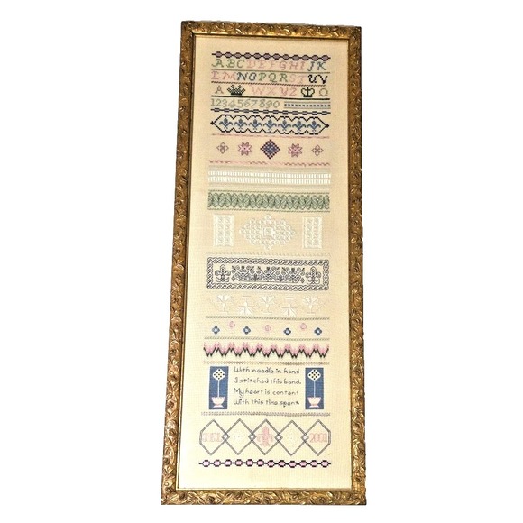 VTG 2001 Completed Needlework Sampler Custom Framed Cottage Embroidery 10.5 X 28